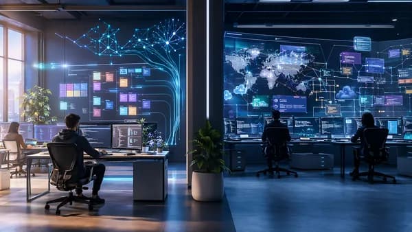 Futuristic developer workspace split between fast agile focus and large-scale enterprise process systems.