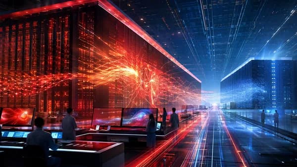 Futuristic supercomputer hall with glowing AI networks and servers, symbolizing a new world speed leader.