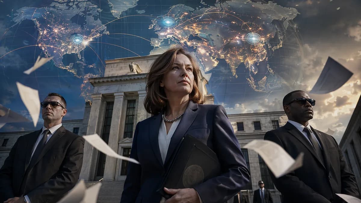 Female central banker with security outside a grand institution amid global financial pressure.