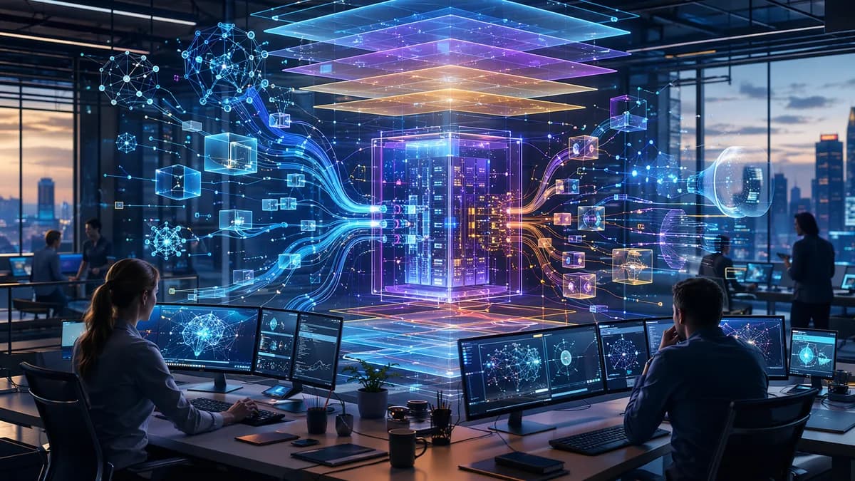 Futuristic AI workspace visualizing hidden LLM API costs with glowing data layers and server core