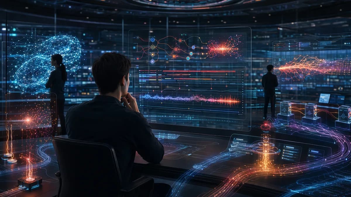 Futuristic AI observability hub showing neural traces, anomalies, latency, and cost data streams.