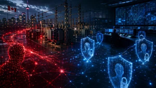 Dark cyber scene of a Canadian power grid data breach with shields, locks, and exposed customer data.