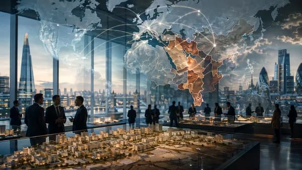 London property event scene with global map overlay suggesting disputed settlement land scrutiny