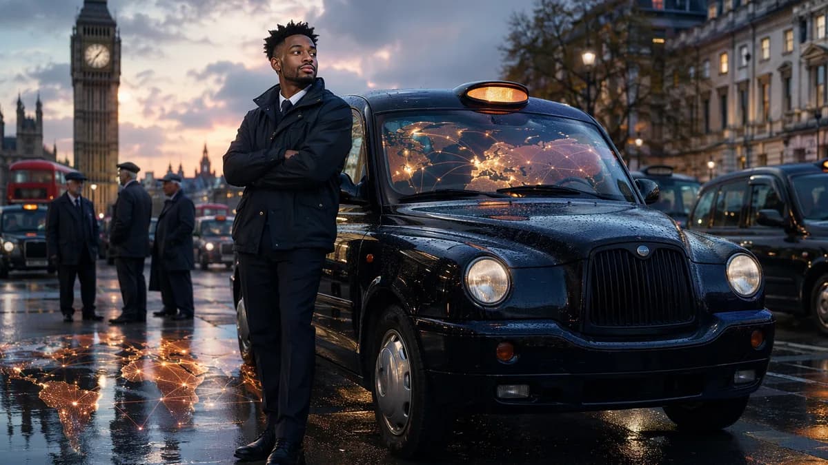 Young London black-cab driver beside taxi, with global map reflections and older drivers in the background.