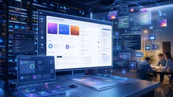 AI SaaS dashboard with multiplying project panels flowing into cloud hosting infrastructure.