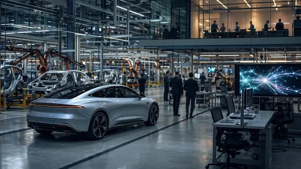 Idle electric vehicle factory floor with unbranded luxury EV and subdued workers, symbolizing Lucid layoffs.