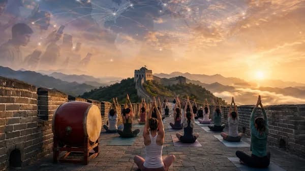 Yoga event on the Great Wall with a drum and global connection motifs, suggesting cultural backlash.