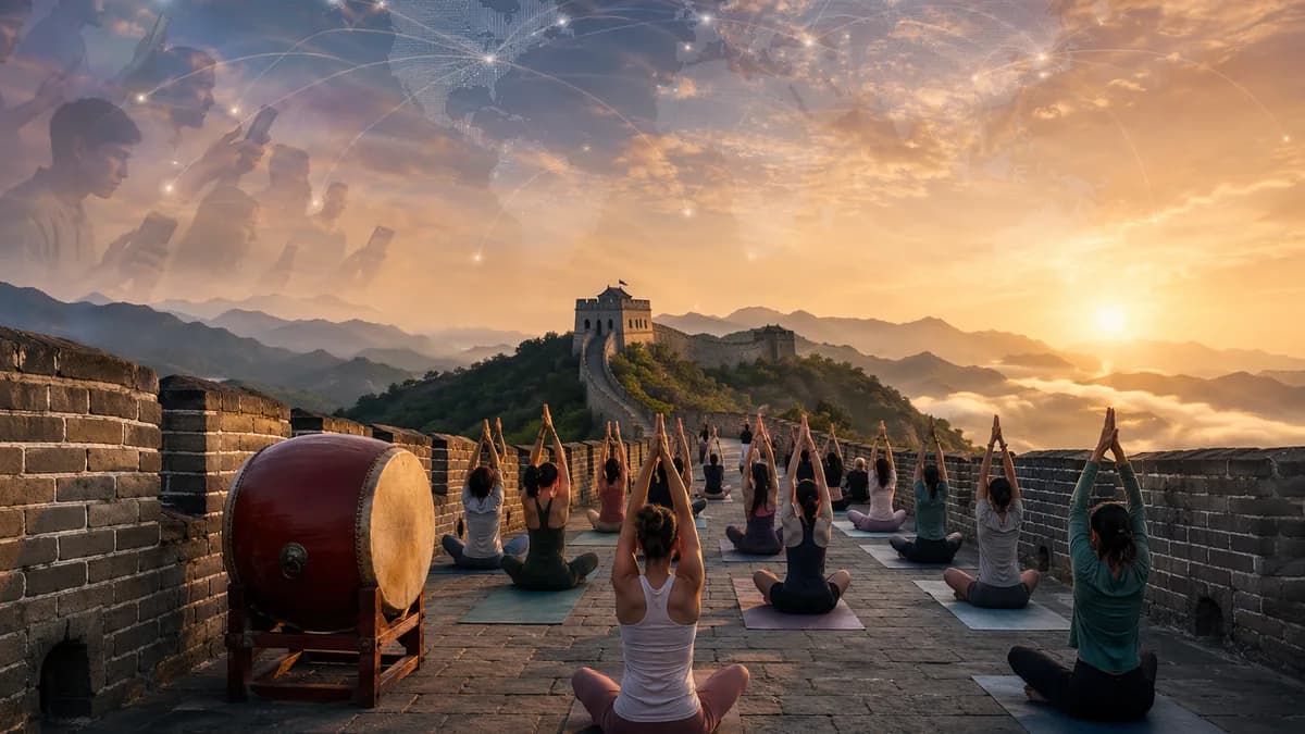 Yoga event on the Great Wall with a drum and global connection motifs, suggesting cultural backlash.