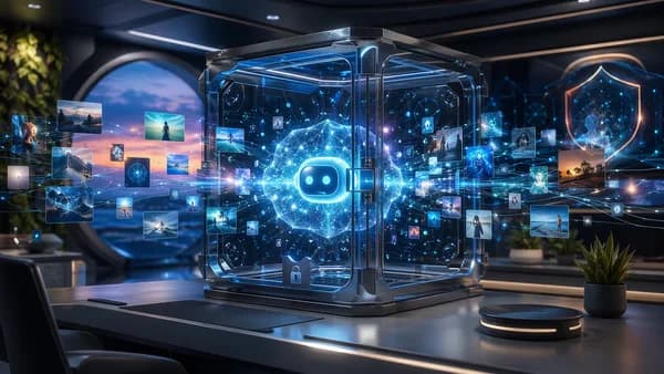 Privacy-focused AI chatbot upgrade shown as a secure neural core in a futuristic tech workspace.