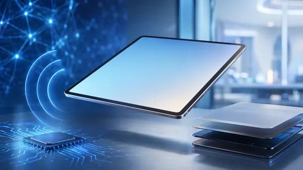 Premium tablet in a futuristic workspace with chip and wireless signal visuals, no branding.
