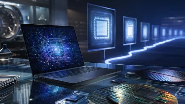 Unbranded laptop and chip wafers in a futuristic lab, suggesting delayed pro hardware upgrades.
