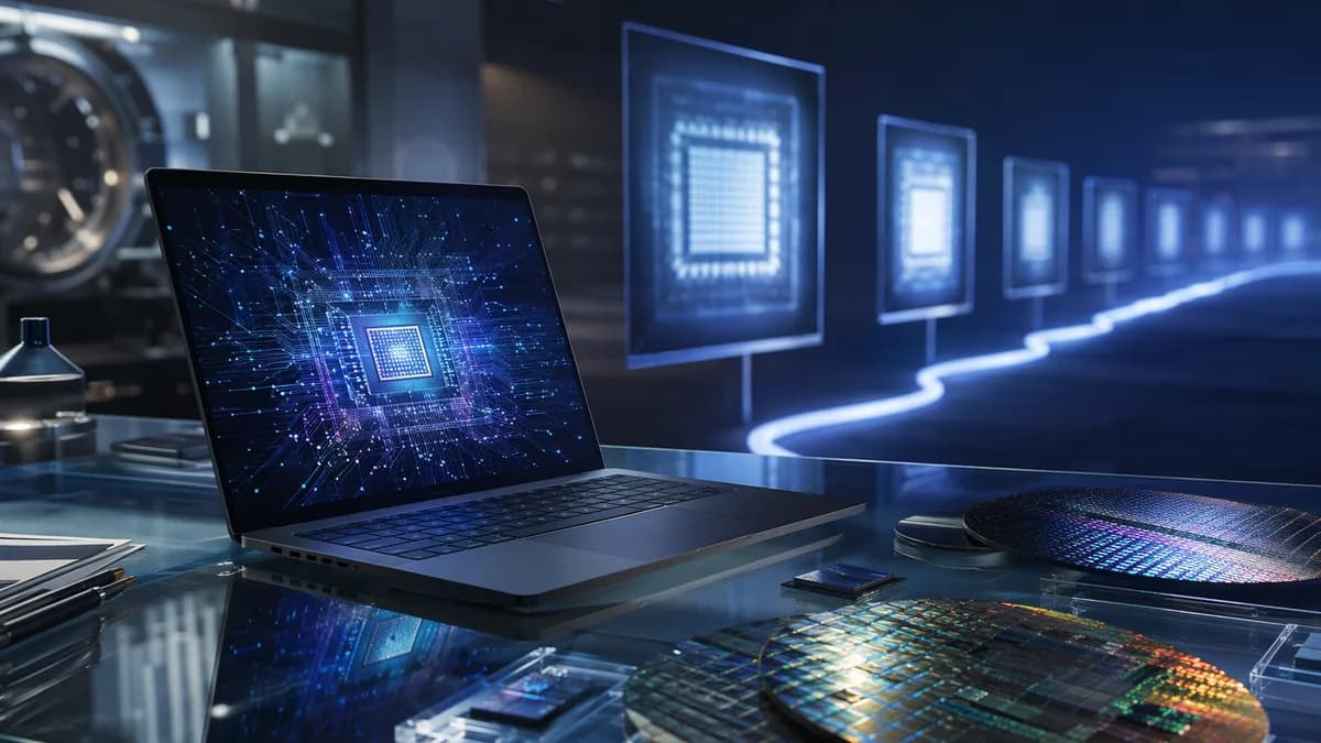 Unbranded laptop and chip wafers in a futuristic lab, suggesting delayed pro hardware upgrades.