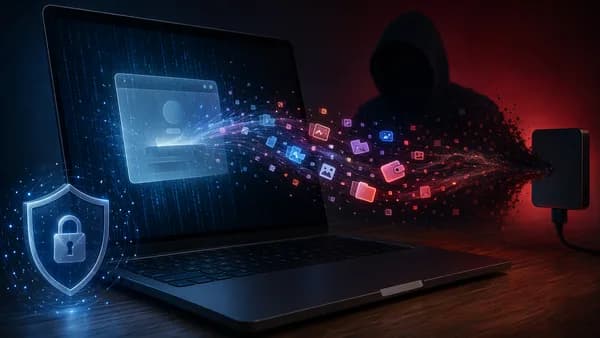 Dark cybersecurity scene showing a Mac-like laptop, fake prompt, mounted disk, locks, and stolen data streams.