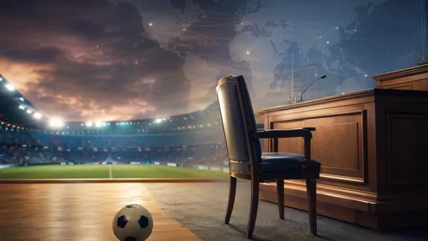 Somber editorial scene of a football stadium and inquest room with a world map backdrop.