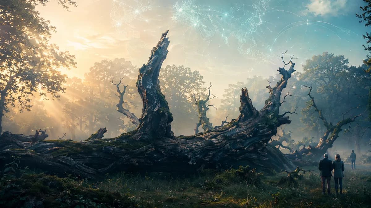 Fallen ancient oak in misty Sherwood Forest with visitors and subtle global map connections.