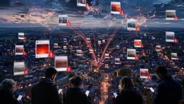 Local misinformation visualized through social media cards, warning signals, and a connected world map.