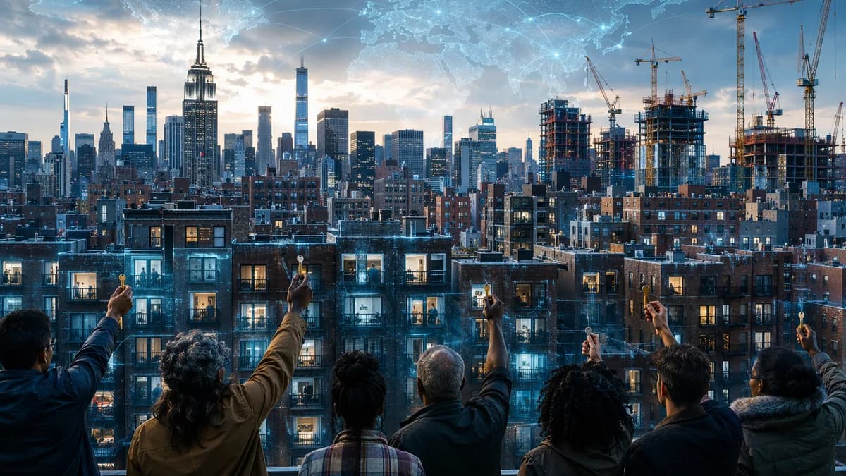 NYC apartments under icy freeze effect with tenants, cranes, and a faint global map overlay.