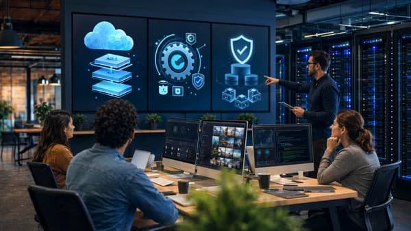 Modern team using managed hosting dashboard with cloud servers and automation visuals