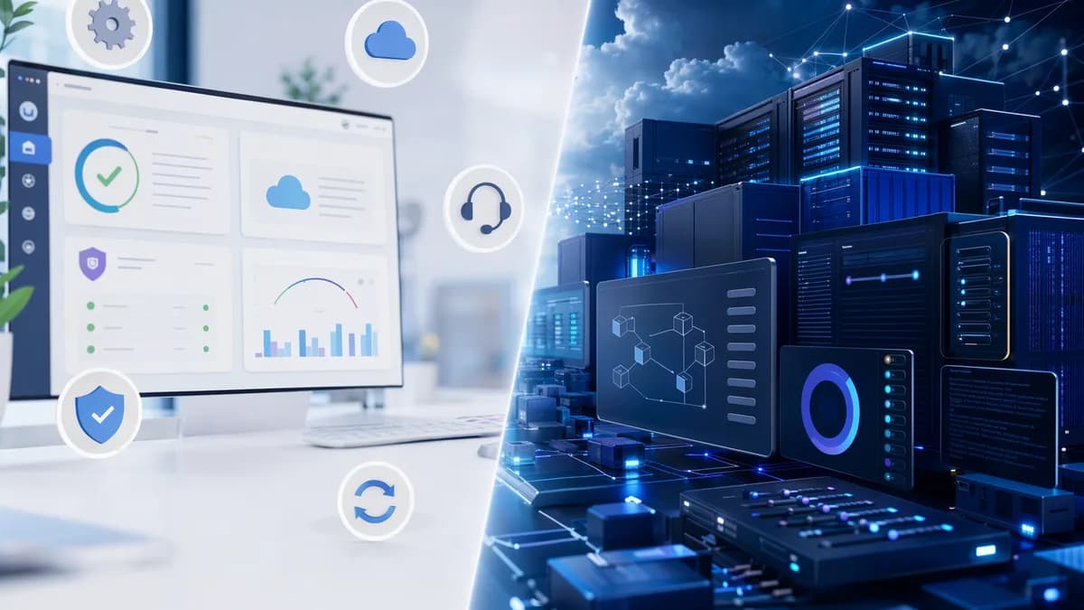 Split scene comparing managed website tools with scalable cloud hosting infrastructure.