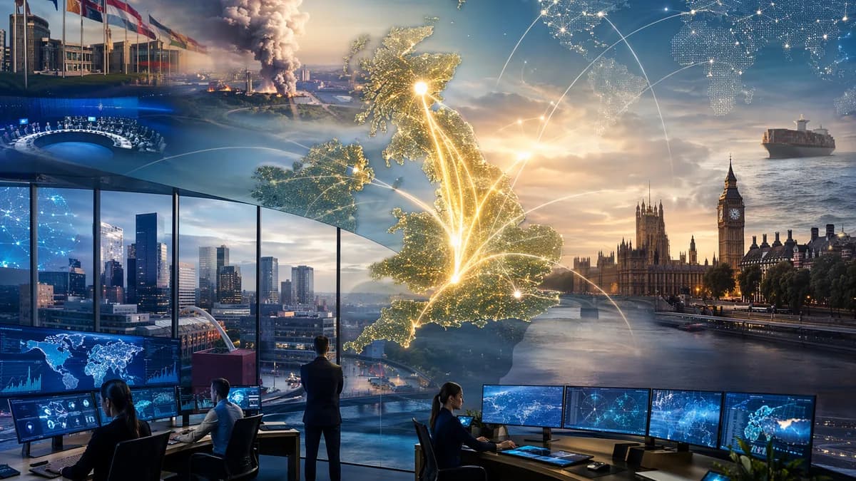 Symbolic UK power shift from London to Manchester with glowing global map connections