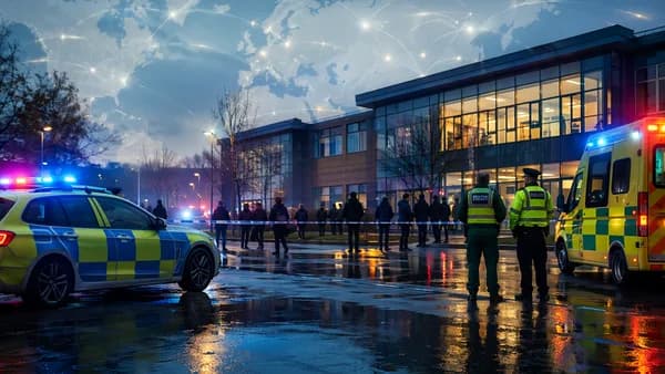 Emergency services outside a Manchester school with subtle global map overlay, no visible injuries.