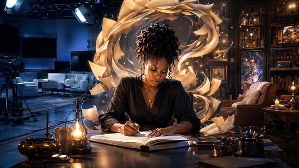 Black woman writer surrounded by blank screens and glowing pages in a cinematic futuristic room.