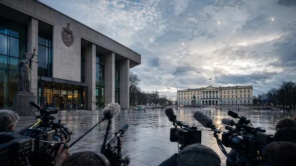 Oslo courthouse and royal palace silhouette with global map overlay and media scrutiny atmosphere.