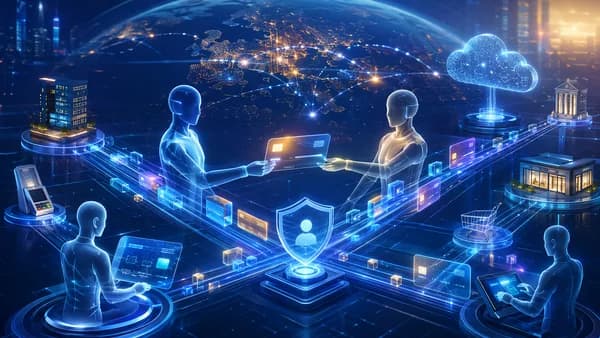 Autonomous AI agents exchange secure digital payments across a futuristic fintech network.
