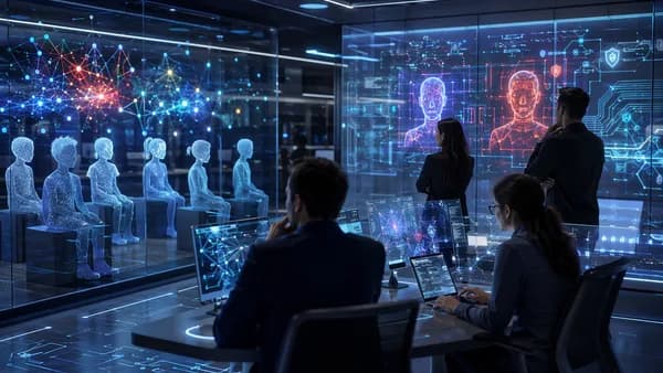 AI safety audit lab with teen avatars, chatbots, and analysts monitoring risks