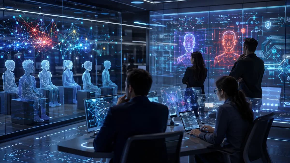 AI safety audit lab with teen avatars, chatbots, and analysts monitoring risks