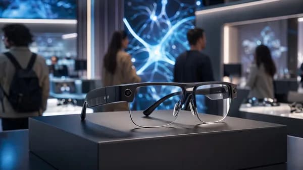 Minimalist smart glasses on display in a futuristic AI showroom with shoppers blurred in the background.