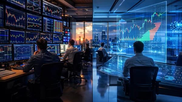 Split trading desk showing rival platform camps with charts, order flow, and market data screens.