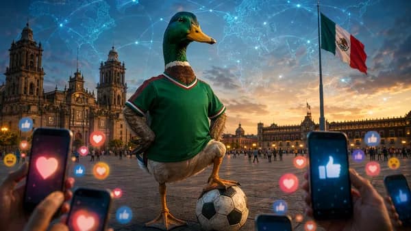Duck in green soccer jersey beside a ball, with Mexico City and global connection map in background.