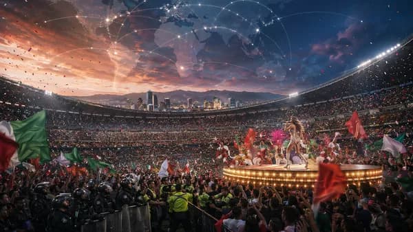 Mexico World Cup opener with vibrant fans, performers, global map overlay and subtle security tension.