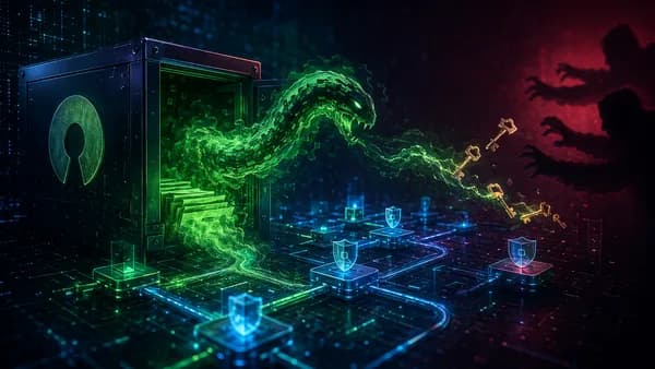 Leaked worm source code escaping a digital vault toward software pipeline security locks.