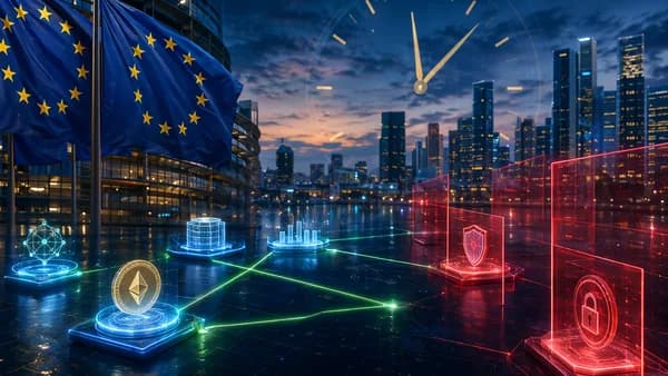 European crypto firms divided by MiCA compliance barriers in a modern digital finance cityscape.