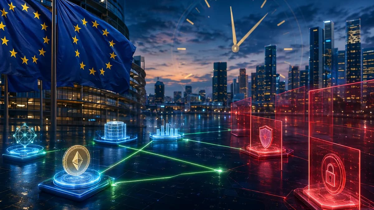 European crypto firms divided by MiCA compliance barriers in a modern digital finance cityscape.