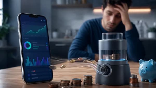 Smartphone micro-investing app with coins being drained by fees on a modern fintech desk