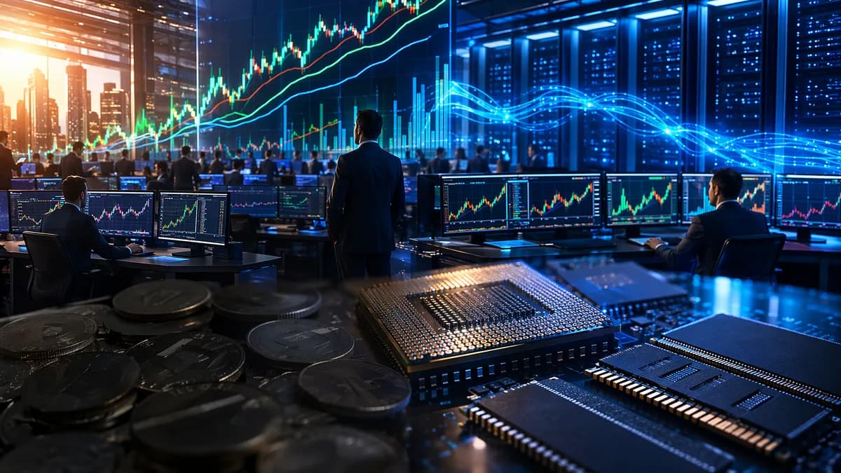 AI memory chips on a trading floor with rising stock charts and subdued crypto tokens.