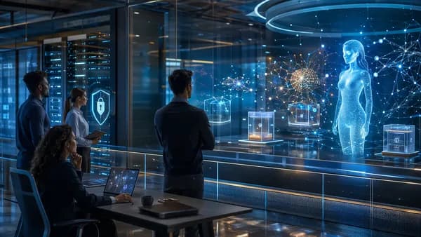Futuristic office with AI interface blocked by security barrier, symbolizing enterprise data retention concerns.