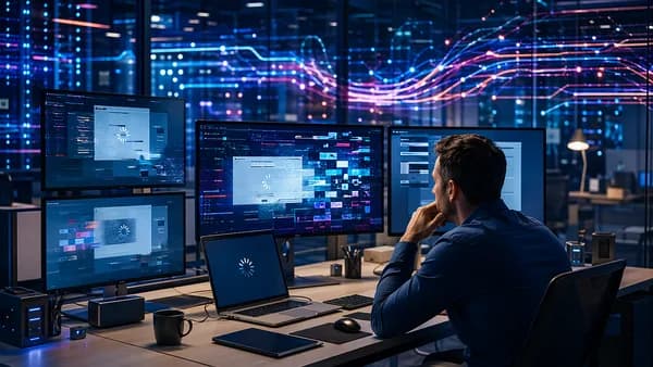 IT admin facing abstract app launch glitches on monitors after a system update in a modern tech workspace.