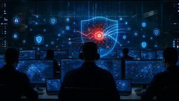 Cybersecurity team triaging a major patch release with shields, locks, and threat nodes on dark digital screens.