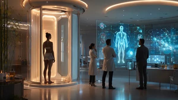 Futuristic spa-like body scanner monitored by clinicians and AI systems in a sleek medical tech lab