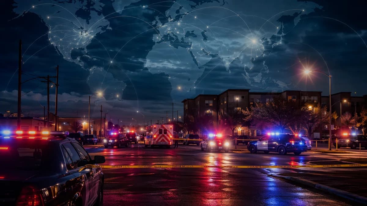 Nighttime Texas police scene with ambulances and a subtle global map overlay, no victims shown.