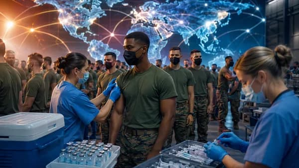Military recruits line up for flu vaccinations in a modern intake center with a glowing global map backdrop.
