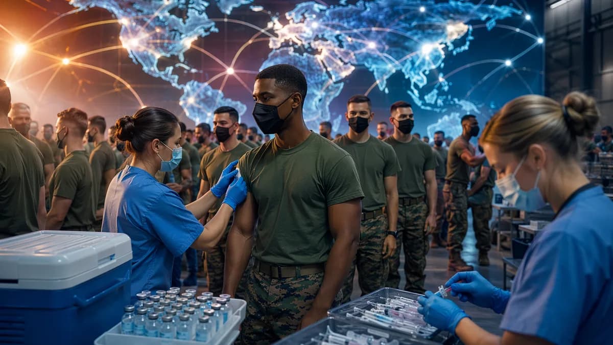 Military recruits line up for flu vaccinations in a modern intake center with a glowing global map backdrop.