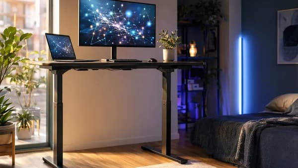 Compact electric standing desk in a modern small-apartment tech workspace with futuristic screens.