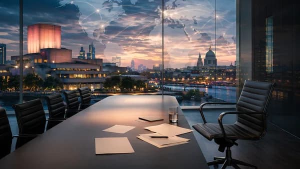 Empty chair in a modern arts boardroom with global map connections, symbolizing leadership transition.