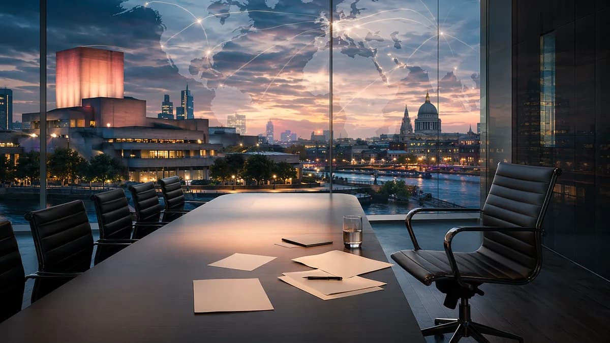 Empty chair in a modern arts boardroom with global map connections, symbolizing leadership transition.