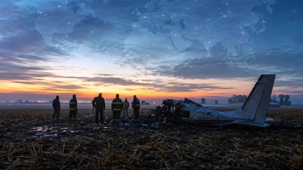Non-graphic rural plane crash scene with responders, misty dawn, and subtle global map overlay.